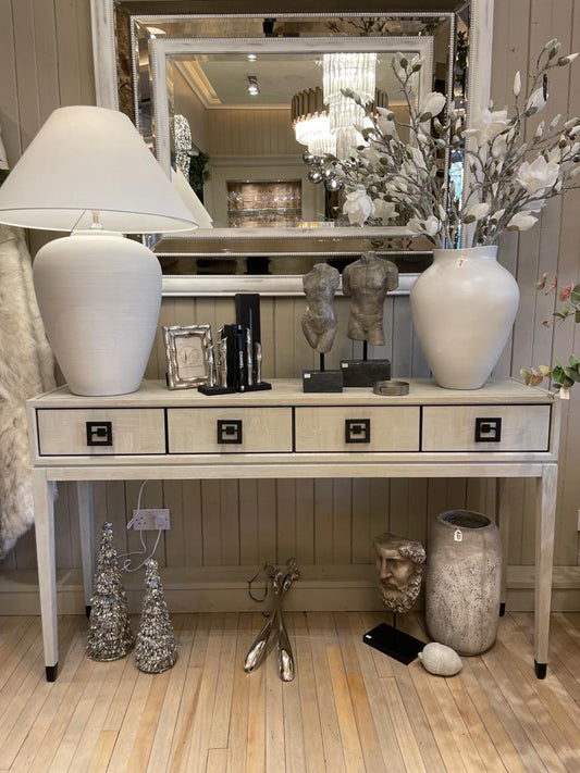 White Wood With Black Metal Trim Console