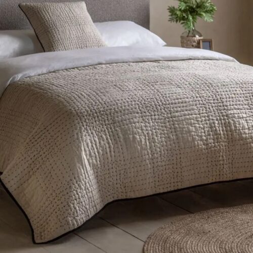Beige Stitched Linen Bedspread - Image 4