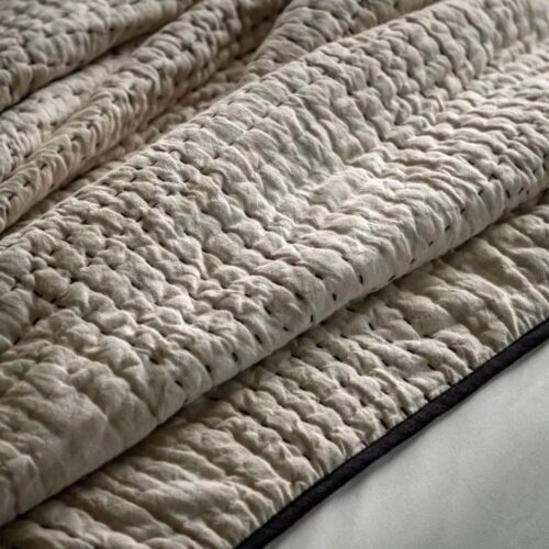 Beige Stitched Linen Bedspread - Image 3
