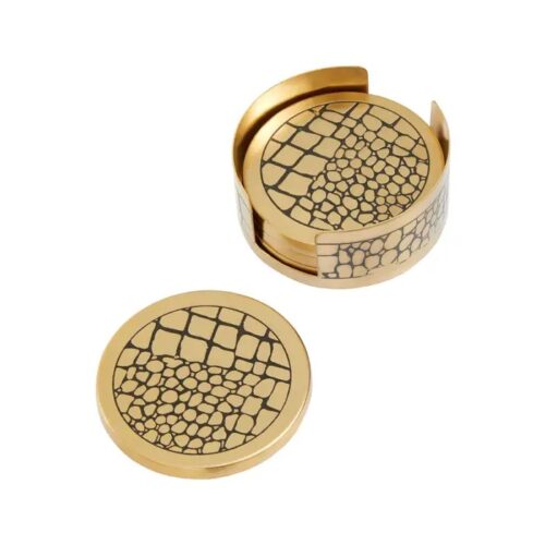 Mek Set of 4 Gold Croc Pattern Coasters with Holder - Image 4