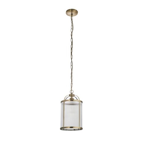 Lamb Ribbed Glass Antique Brass Pendant Chandelier - Image 15