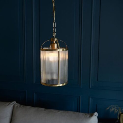 Lamb Ribbed Glass Antique Brass Pendant Chandelier - Image 16