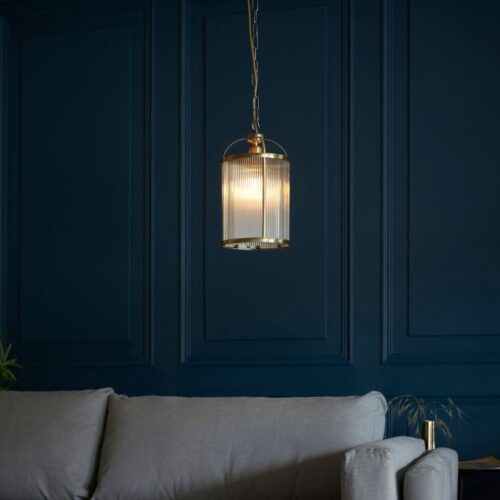 Lamb Ribbed Glass Antique Brass Pendant Chandelier - Image 14