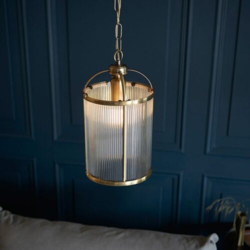 Lamb Ribbed Glass Antique Brass Pendant Chandelier - Image 13