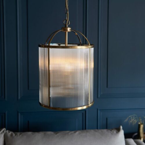 Lamb Ribbed Glass Antique Brass Pendant Chandelier - Image 8