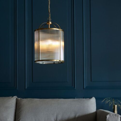 Lamb Ribbed Glass Antique Brass Pendant Chandelier - Image 7