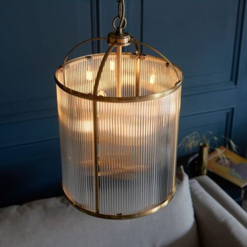 Lamb Ribbed Glass Antique Brass Pendant Chandelier - Image 6