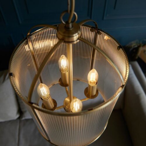 Lamb Ribbed Glass Antique Brass Pendant Chandelier - Image 5