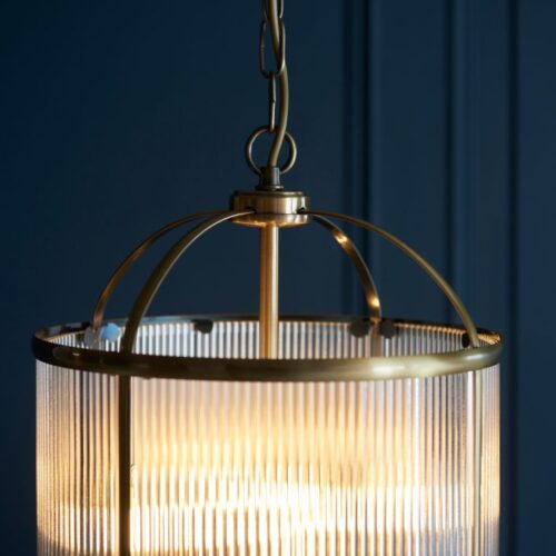 Lamb Ribbed Glass Antique Brass Pendant Chandelier - Image 4