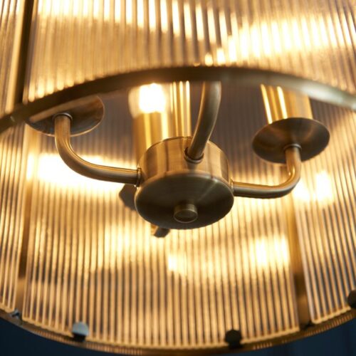 Lamb Ribbed Glass Antique Brass Pendant Chandelier - Image 2