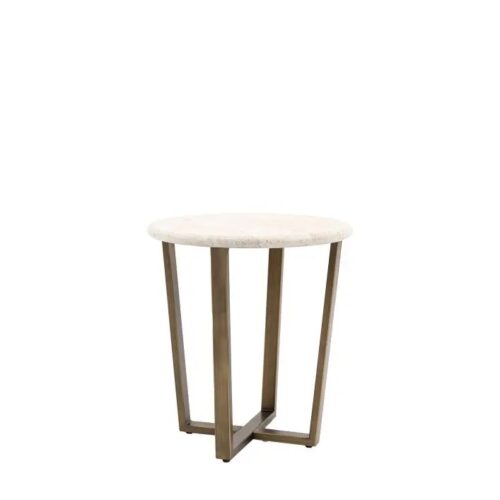 Modern Faux Travertine Side Table with Bronzed Brass Base - Image 4