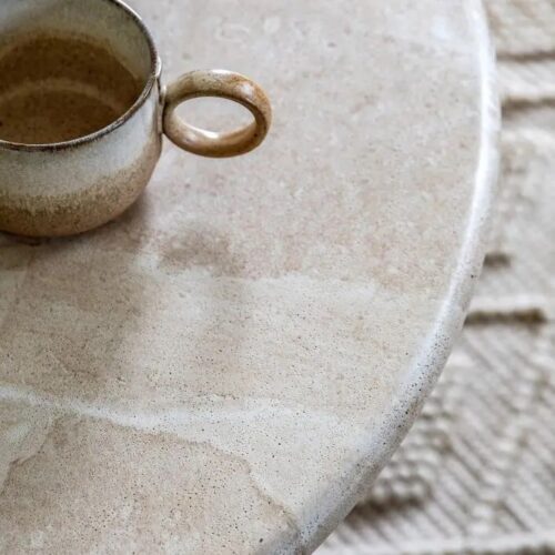 Modern Faux Travertine Round Coffee Table with Bronsed Brass Base - Image 5